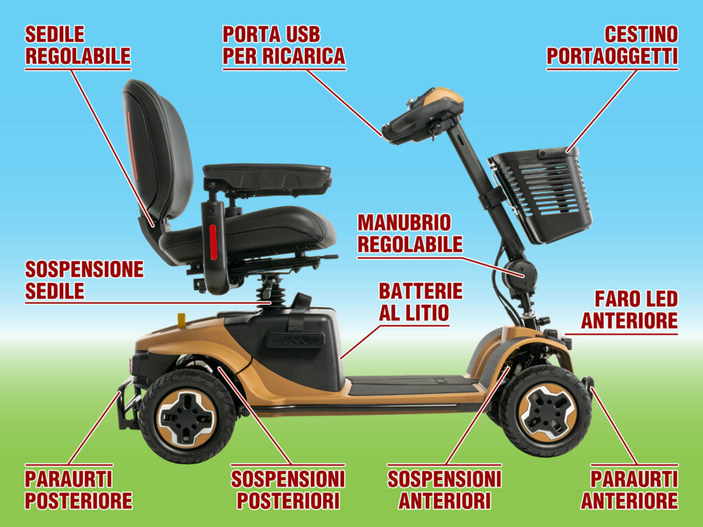 schema caratteristiche scooter anziani disabili per esterno e terreni sconnessi